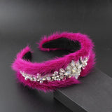 Mink Hair Rhinestone Flower Headband Winter Hair Clip