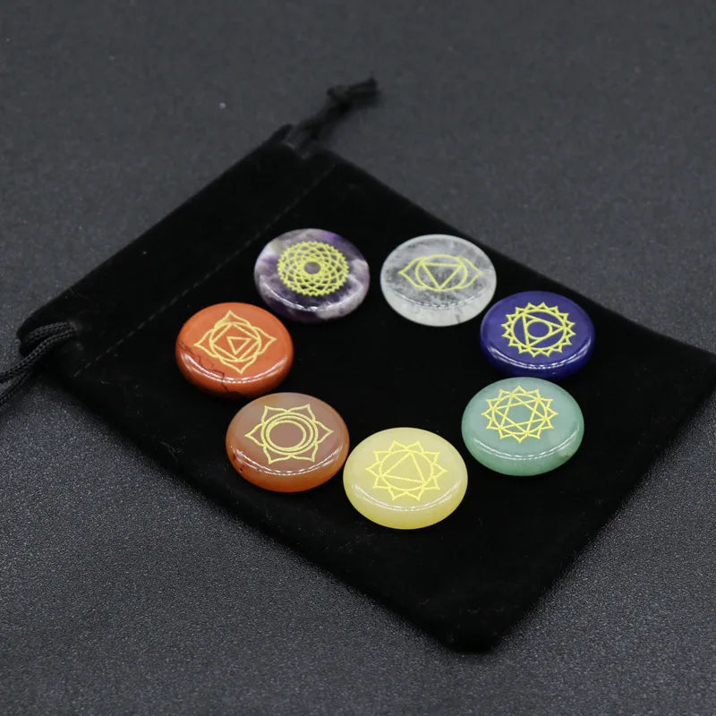 7 Chakra Symbol Engraved Set with Natural Gem Stones Crystal Quartz