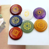 7 Chakra Symbol Engraved Set with Natural Gem Stones Crystal Quartz