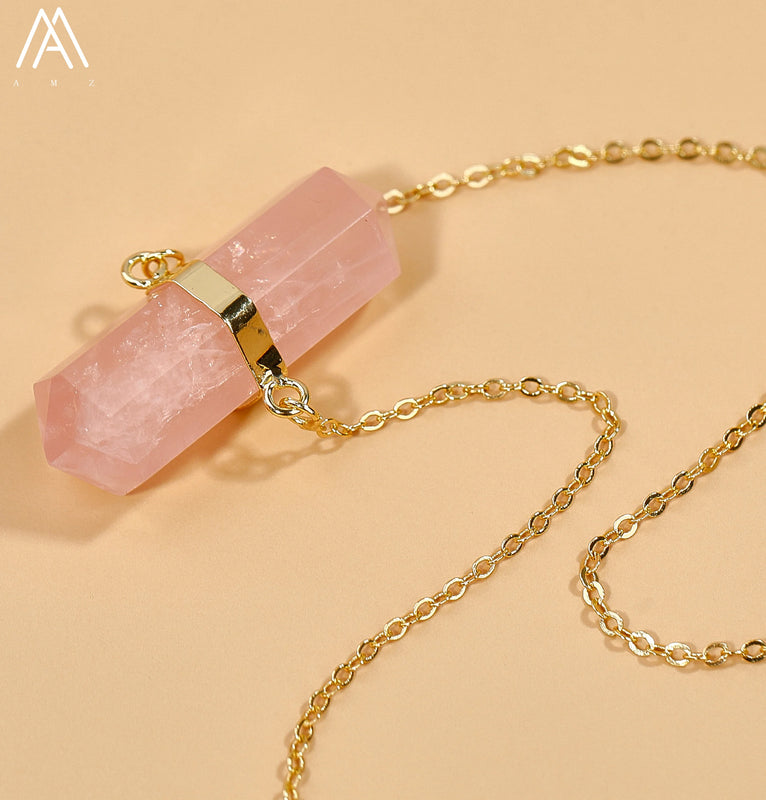 Healing Crystal Hexagonal Point Pendant Necklace Gemstone Beads Necklace