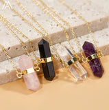 Healing Crystal Hexagonal Point Pendant Necklace Gemstone Beads Necklace