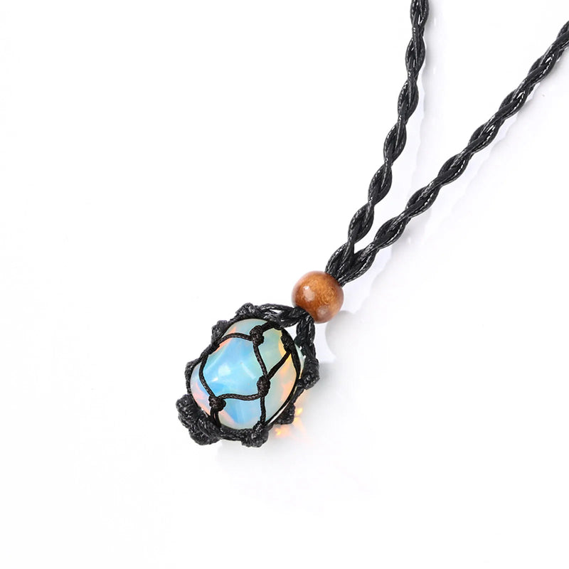 Healing Crystal Necklace Rough Stone Pendant Rope Wrap Net Pocket Necklace