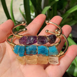 Natural Quartz Stone Bangle Cuff Amethysts Citrines Yellow Crystal Bracelet
