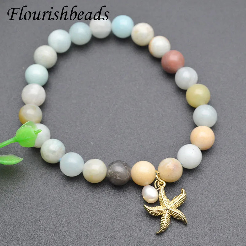 Healing Amazonite Beads Starfish Conch Charm Stretch Bracelet