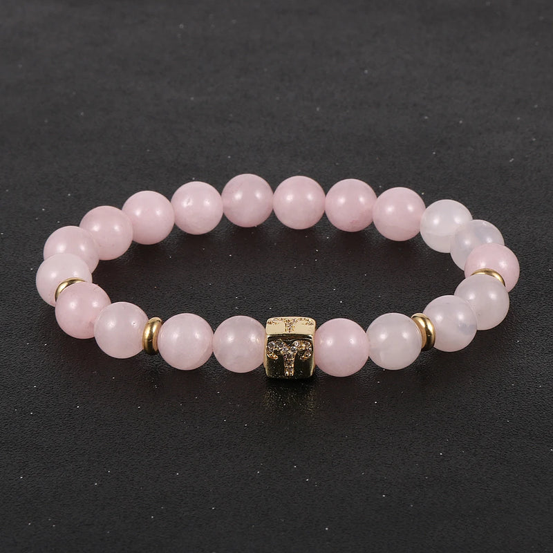 Constellation Healing Pink Crystal Bracelet Zodiac Beads Elastic Brass Bracel