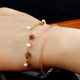 Reiki Multicolor Tourmaline Pearl Bracelet 14K Double Layer Bangle