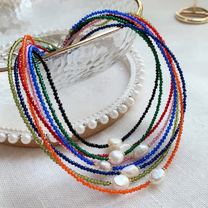 Small Spinel Crystal Choker Necklace Multicolor Pearl Charm Short Collier