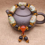 Natural Tibetan Dzi Agates Bracelet Grey Green Agat Charm Ruyi Dragon