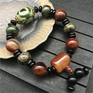 Natural Tibetan Dzi Agates Bracelet Grey Green Agat Charm Ruyi Dragon Eye
