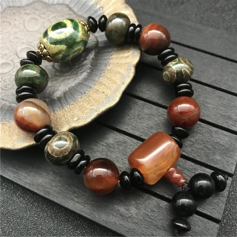 Natural Tibetan Dzi Agates Bracelet Grey Green Agat Charm Ruyi Dragon Eye