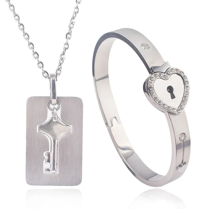Heart Bracelet Choker Set Stainless Steel Jewelry Pendant Key Necklace