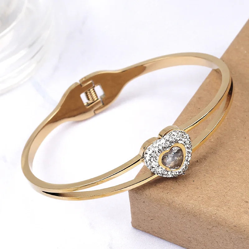Heart Bracelet Women Charms Cuffs Stainless Steel Cubic Zirconia Jewelry