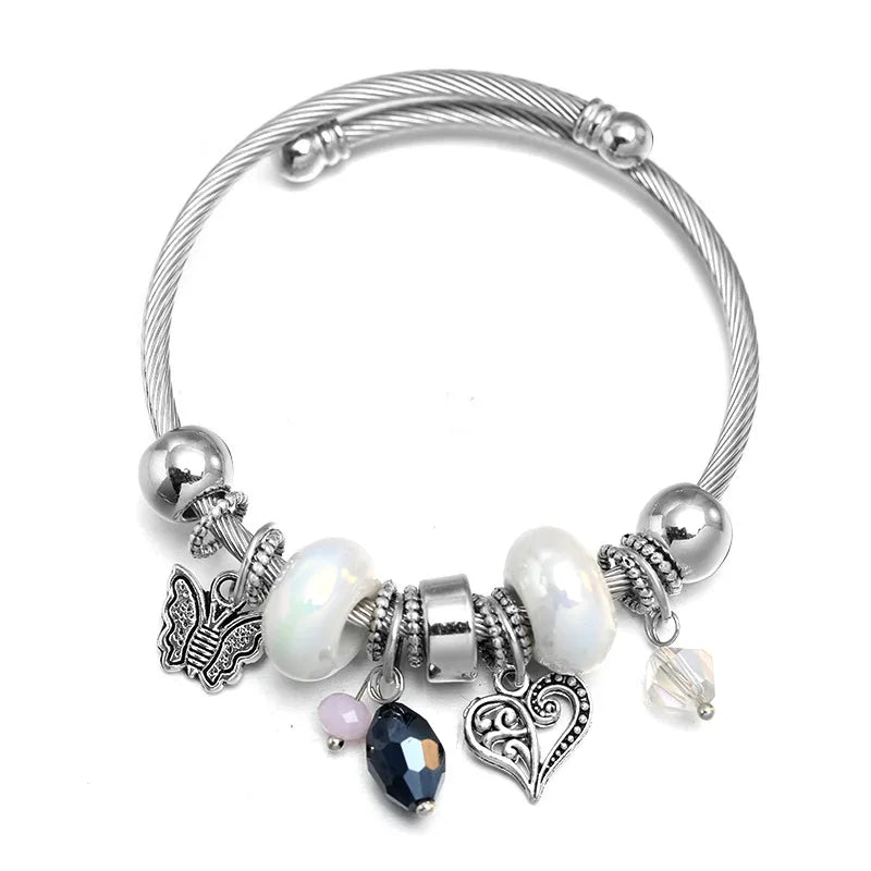 Heart Butterfly Red Pink Stainless Steel Bracelet