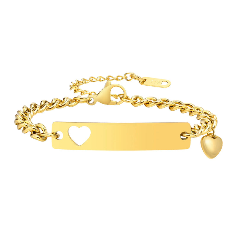 Heart Charm Bracelet for Women, Personalized Engraved Heart Bar ID Bracelet