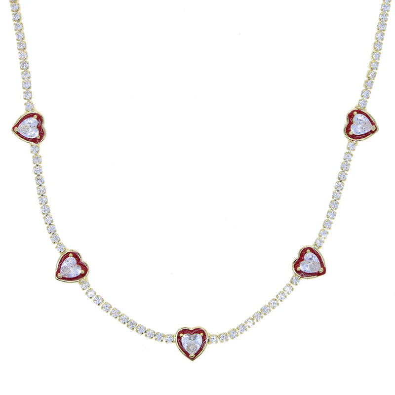 Heart Charm Choker Necklace Red Pink Enamel CZ Tennis Chain Chokers