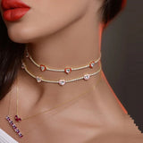 Heart Charm Choker Necklace Red Pink Enamel CZ Tennis Chain Chokers