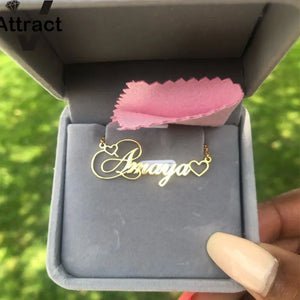 Heart Charm Name Statement Necklace Personalized Cursive Script Necklace Collier