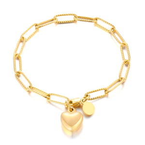 Heart Charm Paperclip Bracelet Stainless Steel Bangle