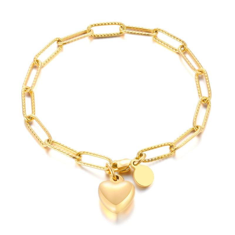 Heart Charm Paperclip Bracelet Stainless Steel Bangle
