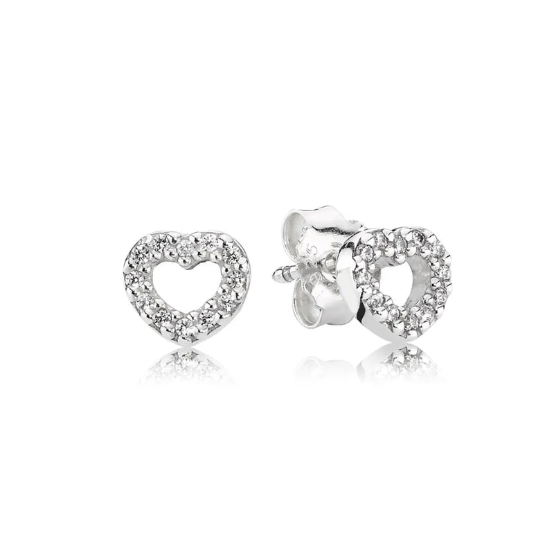 Heart Earrings 925 Silver Love Hollow Clear CZ Studs Women Wedding Jewelry