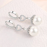 Heart Flowers Pearl Crystal Zircon Diamonds Dangle Drop Earrings Silver