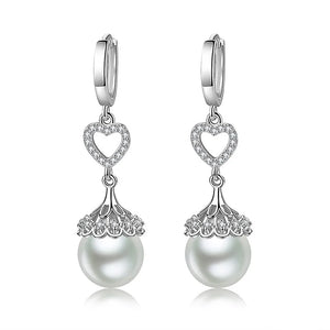 Heart Flowers Pearl Crystal Zircon Diamonds Dangle Drop Earrings Silver