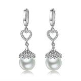 Heart Flowers Pearl Crystal Zircon Diamonds Dangle Drop Earrings Silver