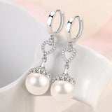 Heart Flowers Pearl Crystal Zircon Diamonds Dangle Drop Earrings Silver