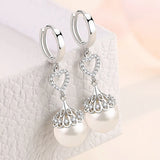 Heart Flowers Pearl Crystal Zircon Diamonds Dangle Drop Earrings Silver