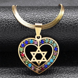 Heart Hexagram Jewish Necklace Stainless Steel Star of David Amulet Chain