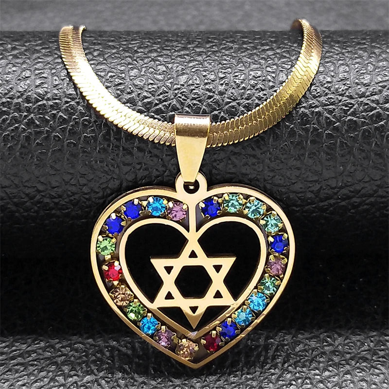 Heart Hexagram Jewish Necklace Stainless Steel Star of David Amulet Chain