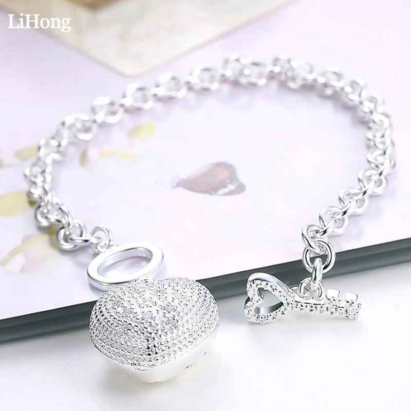 Heart Key Charm Bracelet Silver 925 Jewelry Women Bijoux Gift High