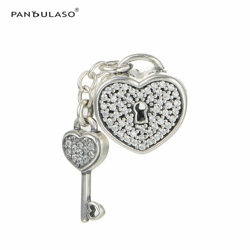 Heart Lock & Key Charm 925 Silver Beads for Bracelets DIY