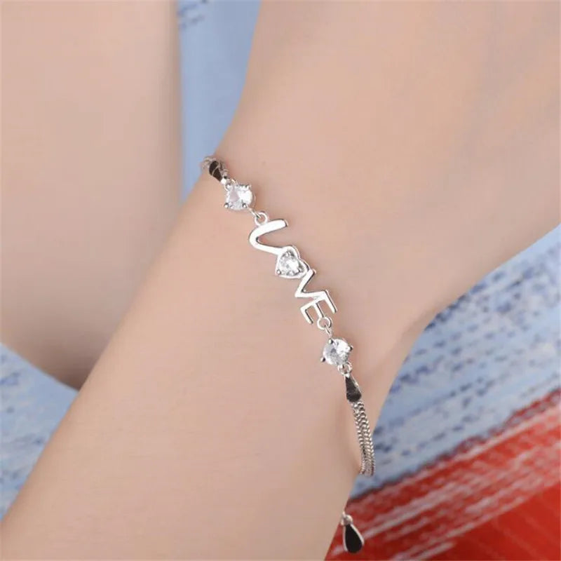 925 Sterling Silver Heart Love CZ Bracelet Double Layer Box Chain