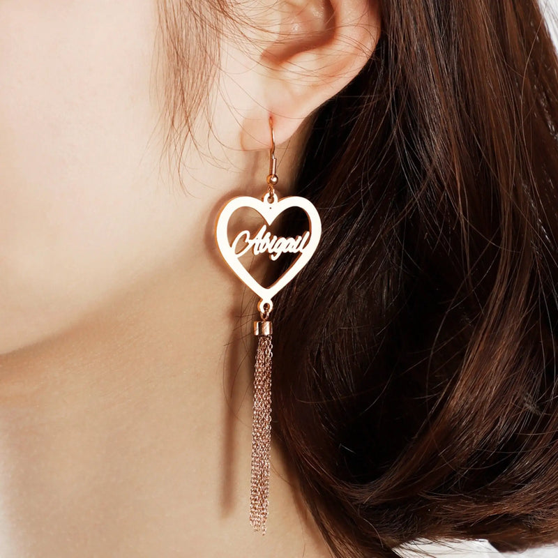 Heart Name Earrings, Tassel Hoop Personalized Dangle Drop Earrings