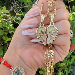 Heart Necklace TE AMO Two Piece Set Chain Rose Pendant Golden Love Jewelry