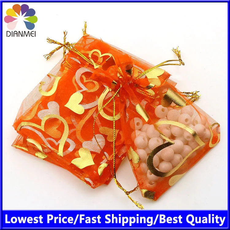 Heart Orange Bronzing Organza Jewelry Packaging Gift Bags 100pcs/lot
