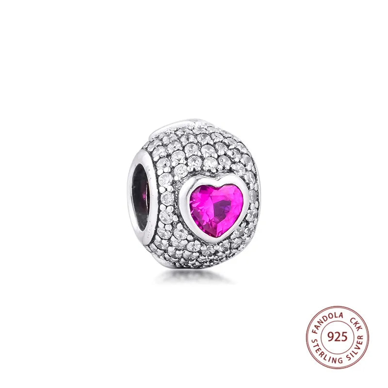 Pink & Clear Crystal Pave Charm 925 Sterling Silver Beads for Bracelet DIY