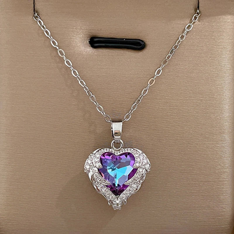 Heart Pendant Necklace Rhinestone Stainless Steel Jewelry Chain Party Gift