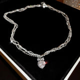 Heart Rhinestone Necklace Bowknot Pendant Layered Women Choker Jewelry