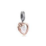 Heart & Rose Flower Dangle Charms 925 Sterling Silver