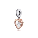 Heart & Rose Flower Dangle Charms 925 Sterling Silver