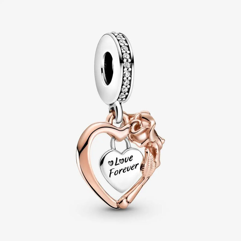 Heart & Rose Flower Dangle Charms 925 Sterling Silver
