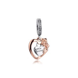 Heart & Rose Flower Dangle Charms 925 Sterling Silver