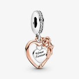 Heart & Rose Flower Dangle Charms 925 Sterling Silver