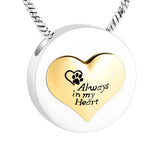 Heart Round Urn Necklace with Paw Print Charm - Cremation Ashes Jewelry