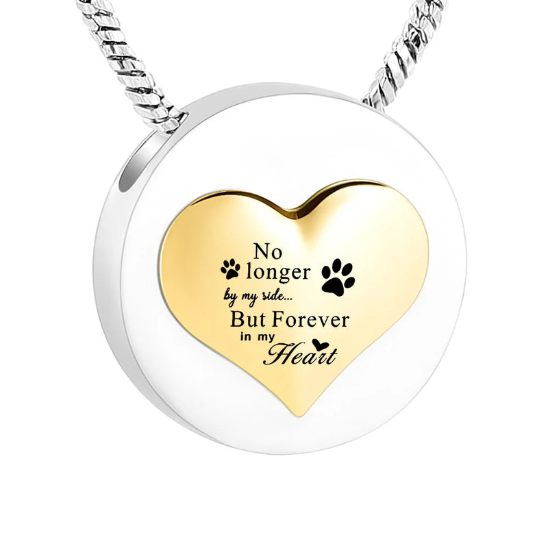 Heart Round Urn Necklace with Paw Print Charm - Cremation Ashes Jewelry