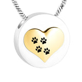 Heart Round Urn Necklace with Paw Print Charm - Cremation Ashes Jewelry
