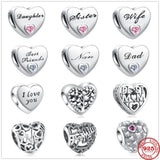 925 Sterling Silver Heart Shape Family Charms Pendant Bead
