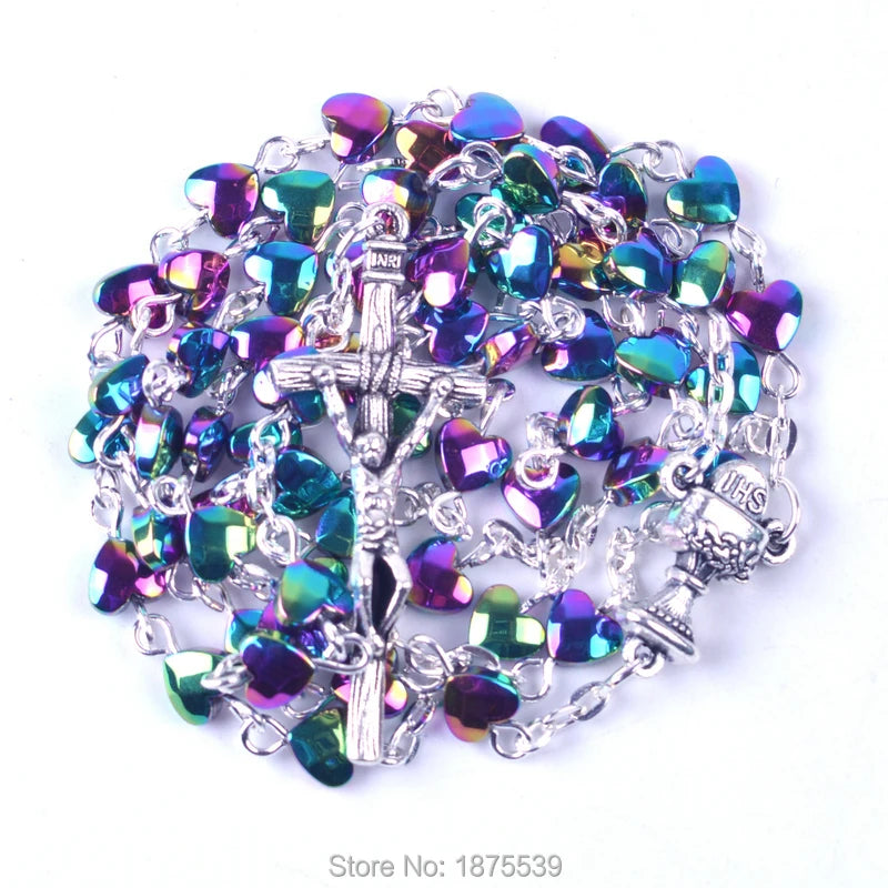 Heart Shape Hematite Bead Colorful Rosary Necklace Cup Center Pope Crucifix